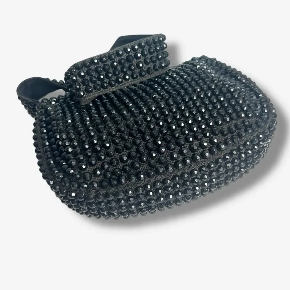 Vintage 60s Black Beaded Shoulder Bag Evening Purse Chunky Zipper Roger Van-S